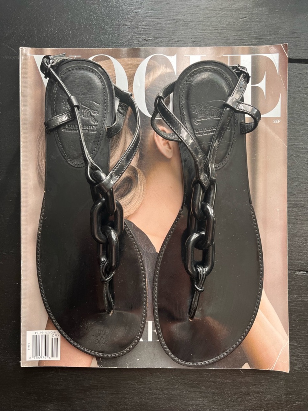 Burberry black leather sandals, size 7.5